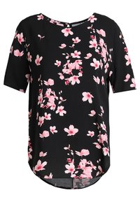 Svart kortärmad blus med rosa körsbärsblommor i mönster och rund halsringning, något längre nederkant bak.
