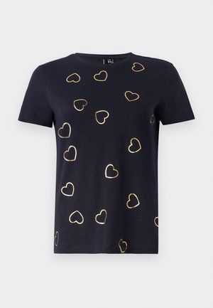 Jūras spēku īsām piedurknēm T-kreklu no kokvilnas ar zelta kontūras sirdīm izkaisītām pa audumu. Apaļa kakla izgriezums. Maiga tekstūra.