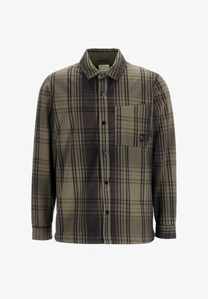 Randig skjorta i oliv och svart, tillverkad av texturerad tyg, med knäppning fram, långa ärmar och en bröstficka.