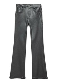 Mustat levenevät farkut, jotka on valmistettu kiiltävästä, joustavasta materiaalista. Ominaisuuksiin kuuluu kaksi etutaskua, vyölenkit ja yksi nappikiinnitys.