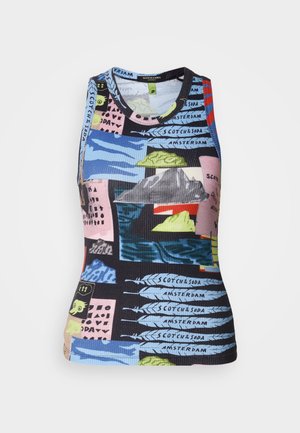 Ribbed sleeveless tank top with a multicolored print featuring landscapes and text. Materials appear stretchy with a fitted shape.
