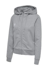 Sivá mikina na zips s kapucňou na šnúrku, prednými vreckami a rebrovanými manžetami. Obsahuje malé biele logo na ľavej strane hrudníka.