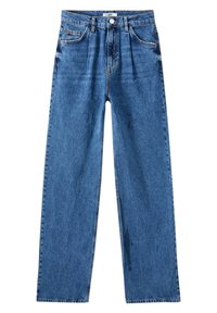 Jeans de mezclilla azul, de tiro alto, corte recto, con dos bolsillos frontales y cierre de botón. Textura suave con un ligero desgastado.