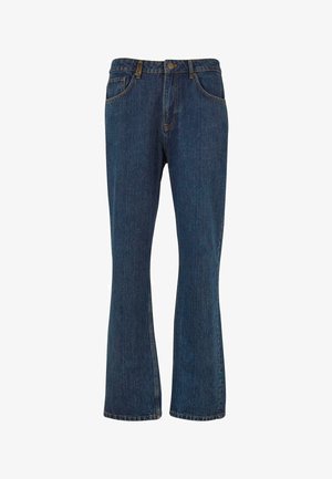 Tumši zilas džinsu bikses ar platām kājām, ar augstu jostasvietu, piecām kabatām un kontrastējošām šuvēm. Gluda tekstūra ar klasisku dizainu.