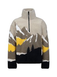 Flis pulover s polovičnim zadrgo, ki prikazuje vzorec gorske pokrajine v bež, rjavi, rumeni, beli in črni barvi.