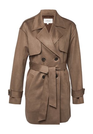 Brauner Wildleder-Doppelreiher-Trenchcoat mit weitem Revers, tailliertem Gürtel, Knopfmanschetten und Vorder-Taschen.