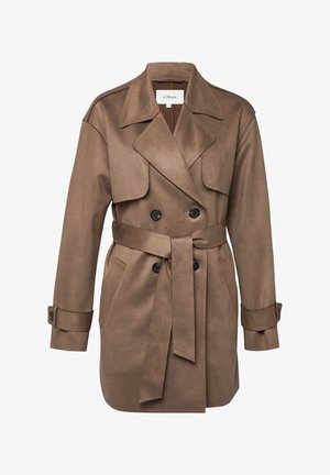 Brauner Wildleder-Doppelreiher-Trenchcoat mit weitem Revers, tailliertem Gürtel, Knopfmanschetten und Vorder-Taschen.