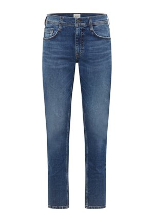 Blaue geradlinige Denim-Jeans mit vorderer Knopf- und Reißverschluss, Fünf-Taschen-Design und dezenten verwaschenen Details.