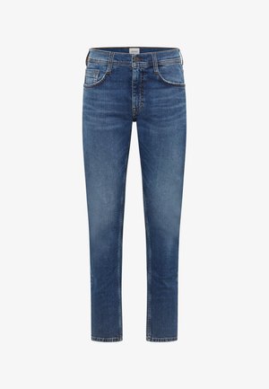 Zilas taisnas kājas džinsi ar priekšējo pogu un rāvējslēdzēja aizdari, piecu kabatu dizainu un smalkām izbalējušām detaļām.