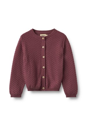 Paarse gebreide cardigan met lange mouwen, ronde hals, gestructureerd patroon en zes houten knopen aan de voorkant.