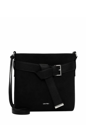 Borsa a tracolla nera in suede e pelle, con dettaglio a fibbia e tracolla regolabile. Design minimalista con accenti metallici.