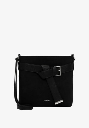 Borsa a tracolla nera in suede e pelle, con dettaglio a fibbia e tracolla regolabile. Design minimalista con accenti metallici.