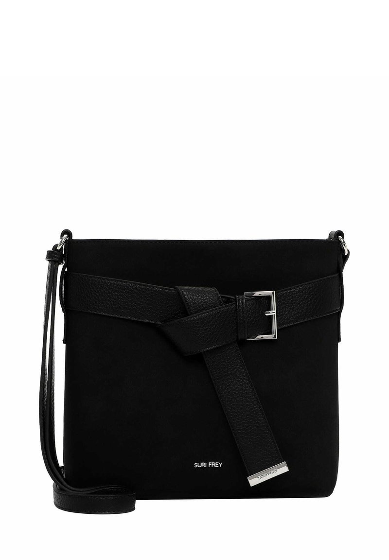 Borsa a tracolla nera in suede e pelle, con dettaglio a fibbia e tracolla regolabile. Design minimalista con accenti metallici.