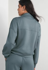 Light teal, long-sleeve sweatshirt with a high collar, featuring a textured surface and a seam detail across the upper back.