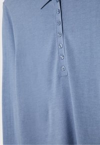 Helles blaues Poloshirt mit langen Ärmeln aus weichem Stoff, ausgestattet mit einer Knopfleiste mit fünf Knöpfen und einem Kragen. Glatte Textur.