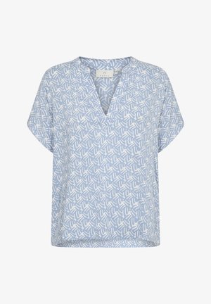 Light blue short-sleeve blouse with a V-neck, featuring a white abstract pattern and a relaxed fit. Made from soft, lightweight fabric.