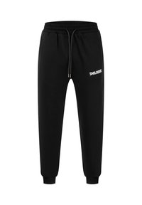 Pantalon de jogging noir avec taille élastique, cordon, chevilles resserrées, poches latérales et logo blanc "SMILODOX" sur la cuisse gauche.