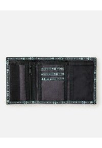 Black fabric wallet with multiple compartments, including a zippered section. The exterior features a decorative trim with geometric patterns.