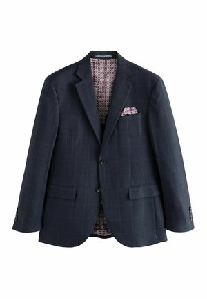 Dark blue blazer with a subtle check pattern. Features notched lapels, two buttons, and a patterned red and white lining with a pocket square.
