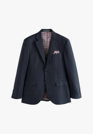 Blazer bleu marine avec un motif à carreaux subtil. Comprend des revers crantés, deux boutons et une doublure rouge et blanche à motifs avec un pochettes.
