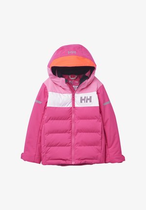 Zateplená bunda v různých odstínech růžové s bílou přední částí, kapucí a logem. Obsahuje přední zip a reflexní detaily na rukávech.