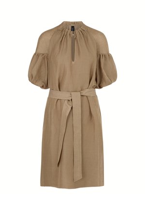 Knee-length, beige dress made of textured fabric with puffed sleeves, a keyhole neckline, and a matching fabric belt.
