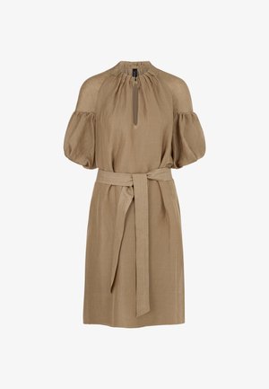 Knee-length, beige dress made of textured fabric with puffed sleeves, a keyhole neckline, and a matching fabric belt.