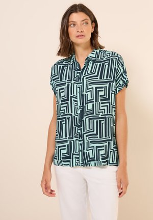 Korte mouwen overhemd met knopen in lichtblauw met marineblauwe geometrische patronen, voorzien van een kraag, een relaxed fit en een zachte stoftextuur.