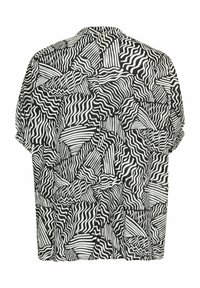 Kortærmet, afslappet skjorte i sort og hvid med et struktureret abstrakt mønster af bølgede og lineære designs. Bagside vist.