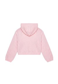 Sweat à capuche court en maille rose clair, manches longues, poignets et ourlet côtelés, vu de dos sur un fond blanc.