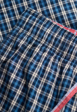 Tessuto a quadretti blu e bianco con fascia elastica in vita e bordatura a righe rosse, bianche e blu lungo il bordo.