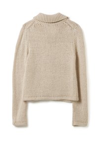 Beige knitted turtleneck sweater with textured stitching, long sleeves, and a relaxed fit, featuring ribbed cuffs and hem.