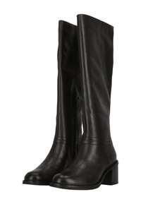 Svarta läder knähöga stövlar med en slät yta, en platåklack och dragkedja på sidan. Har sömnadsdetaljer högst upp.