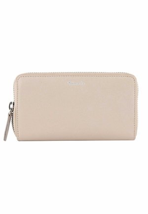 Portafoglio rettangolare beige con chiusura a zip attorno, superficie texturizzata e logo Tamaris argentato al centro sul davanti.