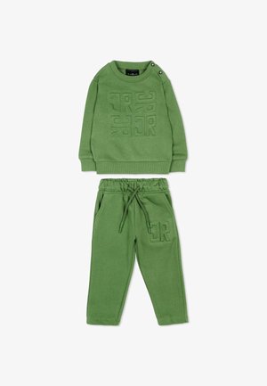 Groene sweat met lange mouwen met reliëf abstract patroon en bijpassende broek met trekkoord en reliëf "GR" op de zak.