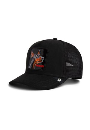 Black mesh trucker cap with embroidered Doberman dog head and red "BEWARE" text on front patch.