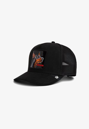 Black mesh trucker cap with embroidered Doberman dog head and red "BEWARE" text on front patch.