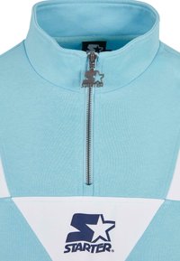 Ljusblå zip-up sweatshirt med hög krage, vita trekantsdetaljer och en silverblixtlås med en stjärnlogotyp.