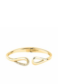 Bracciale a manica color oro con un design ondulato e liscio, con un'estremità decorata con piccoli cristalli trasparenti, che mette in evidenza una finitura lucida.