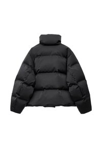Black puffer jacket with a high collar, featuring a boxy shape and quilted design. Made of smooth, water-resistant fabric with no visible hardware.