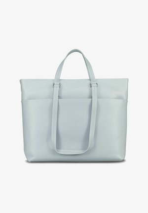Sac fourre-tout en cuir bleu clair avec deux bretelles et une poche avant, debout sur un fond blanc.