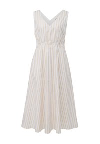 Robe midi blanche sans manches avec des rayures verticales beiges, encolure en V, taille froncée et jupe évasée.