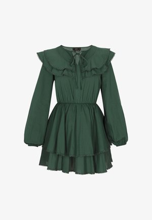 Roheline puuvillane kleit, millel on voltidega kaelus, pikad puffsleeved ja kihiline, laienev seelik. Kaeluse juures on reguleeritav nöör ja dekoratiivsed osad.