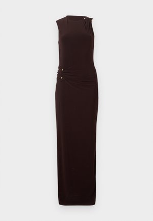 Sleeveless dark brown floor-length dress with gathered detail and small gold buttons on one shoulder and waist.