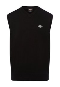 Sort ærmeløs sweater med V-halsdesign. Fremstillet af tekstureret strikstof, med et lille hvidt logo på venstre bryst.
