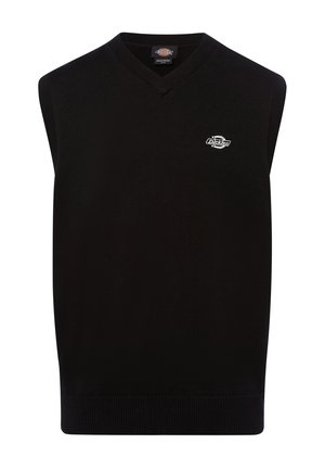 Black sleeveless sweater with a V-neck design. Made from textured knit fabric, featuring a small white logo on the left chest.