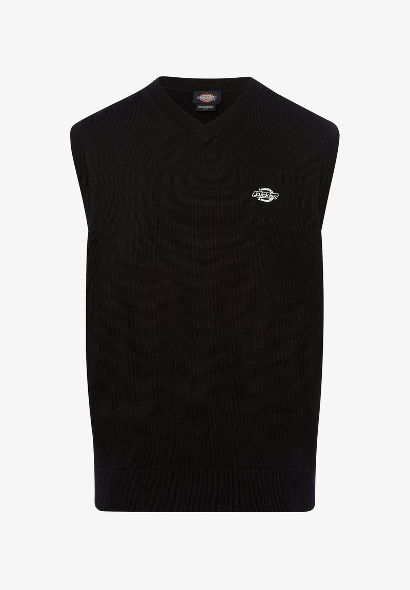 Schwarzer ärmelloser Pullover mit V-Ausschnitt. Aus strukturiertem Strickstoff gefertigt, mit einem kleinen weißen Logo auf der linken Brust.