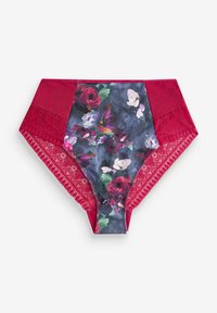 Hochtaillierte Unterwäsche mit einem floralen Muster auf dunklem Hintergrund, festen, rose-roten Seiten und filigranem Spitzenbesatz an den Kanten.