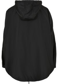 Veste noire ample avec capuche, ourlet froncé et manches longues, vue de dos sur fond blanc.