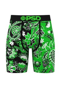 Fekete és zöld virágmintás boxer alsónadrág fekete derékrésszel, élénk zöld "PSD" logóval és részletes paisley mintázattal.